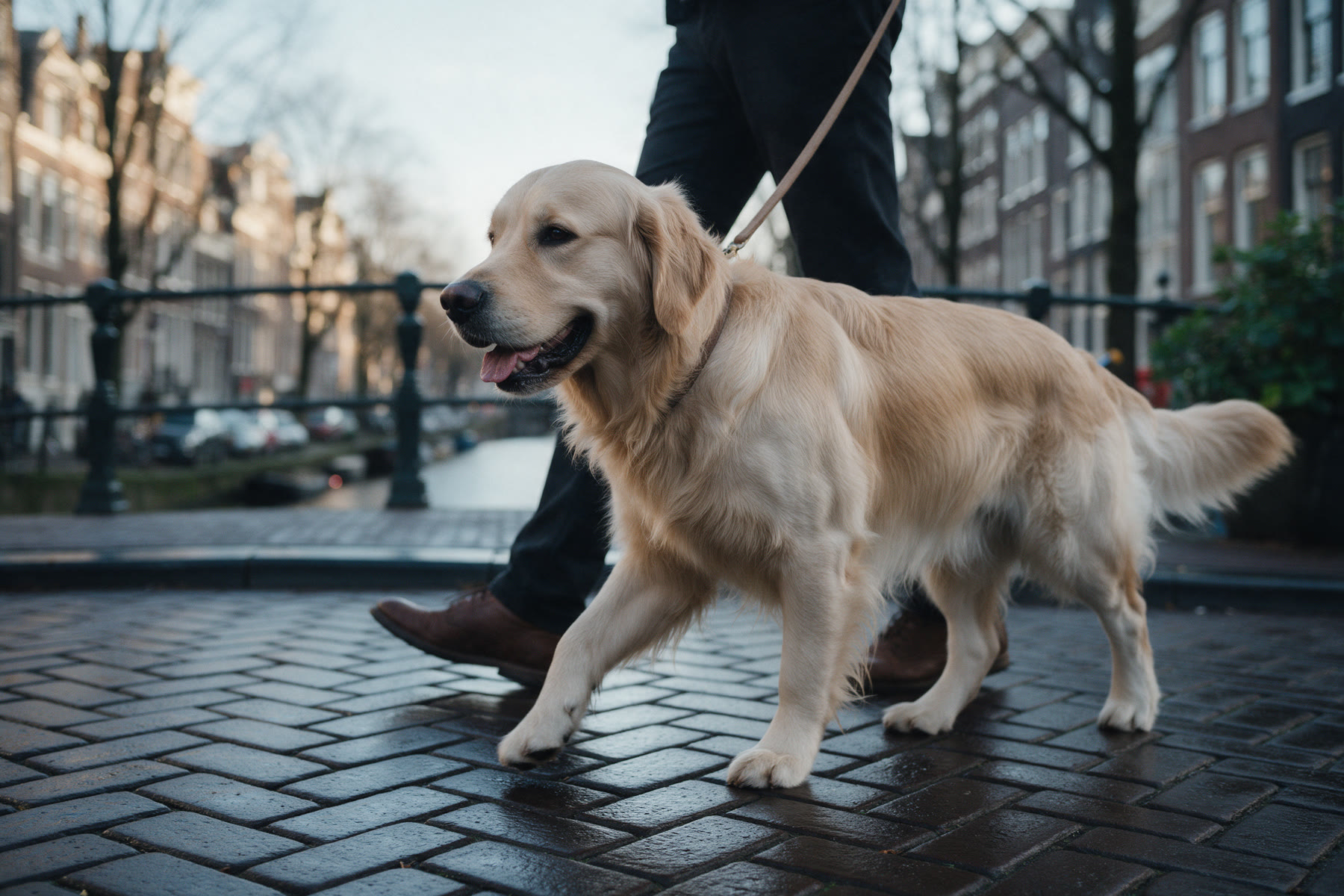 Illustration: a Golden Retriever walking calmly beside its owner along an Amsterdam canal